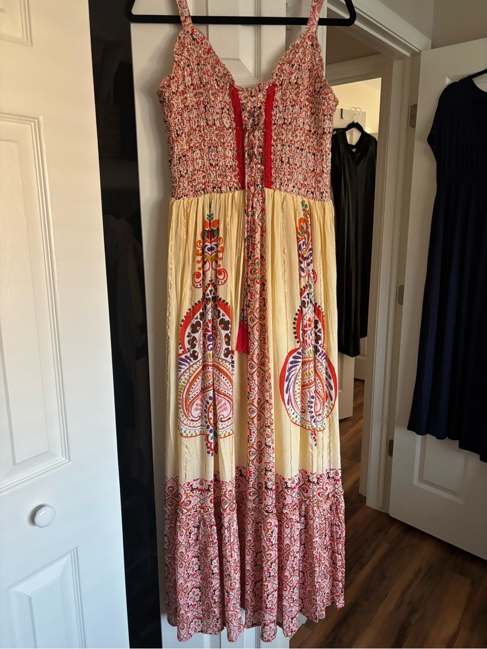 Boho Maxi Dress with Red & Cream Paisley Print